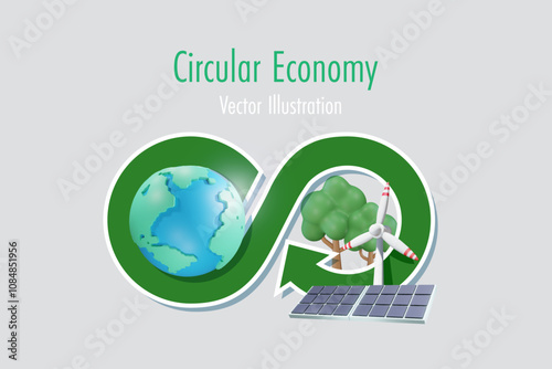 Circular Economy symbol with wind turbine, solar panel, tree and green world. Responsible business strategy to protect and care nature for sustainable energy, ecology and environment. Vector.