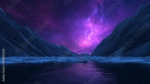 A stunning cosmic landscape featuring a vibrant purple galaxy above tranquil waters, framed by rocky mountains under a starry night sky.