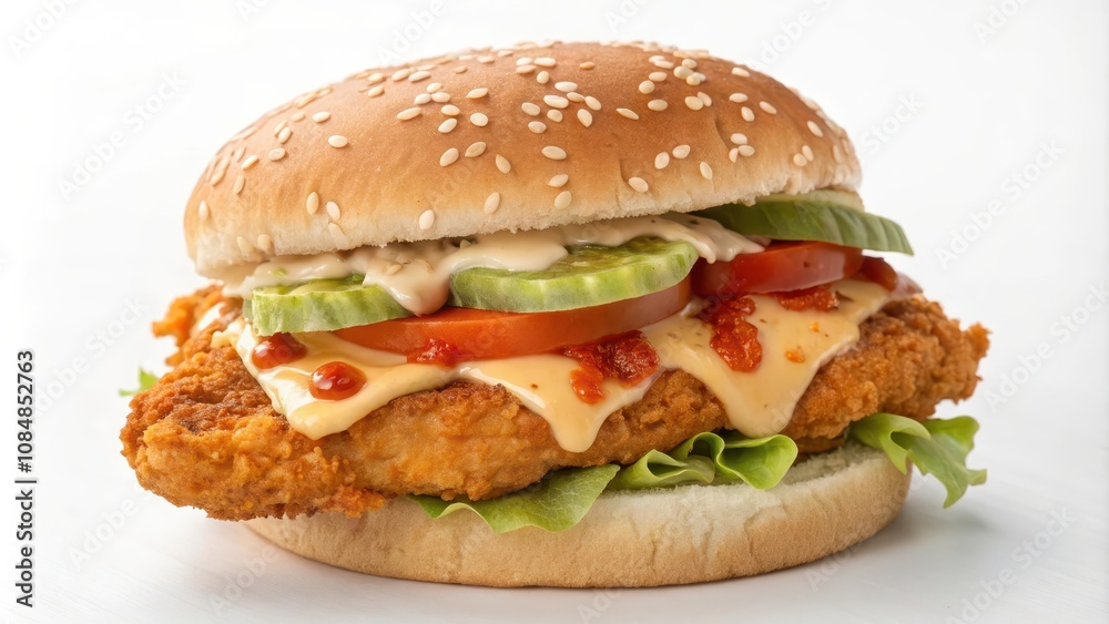 Mouthwatering Crispy Chicken Burger with Sesame Bun, Melted Cheese, and Fresh Vegetables Mouthwatering Crispy Chicken Burger with Sesame Bun, Melted Cheese, and Fresh Vegetables