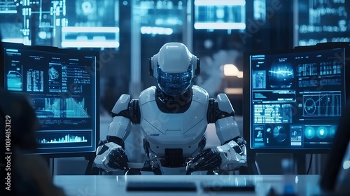 A futuristic lab with a 3D robot in the center, integrated with 2D floating data screens and holograms. 4k resolution, Cinematic Scene