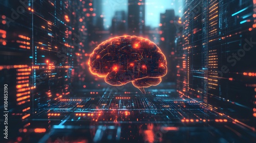 A digital 3D brain surrounded by a 2D illustration of flowing data and binary codes. 4k resolution, Cinematic Scene