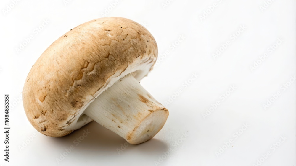 A single, brown mushroom sits on a pristine white surface, showcasing its delicate texture and earthy tones. A single, brown mushroom sits on a pristine white surface, showcasing its delicate texture and earthy tones.