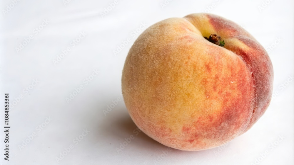 A Single Ripe Peach on a White Background, Showing its Fuzzy Skin and Rich Color A Single Ripe Peach on a White Background, Showing its Fuzzy Skin and Rich Color