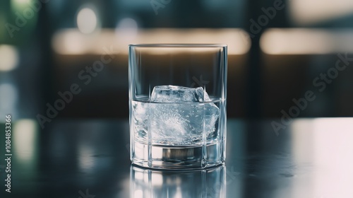 A solitary glass of water with reflections on a bare table, with every detail sharply focused to convey minimal beauty. Cinematic Scene, 4k resolution, cinematic scene