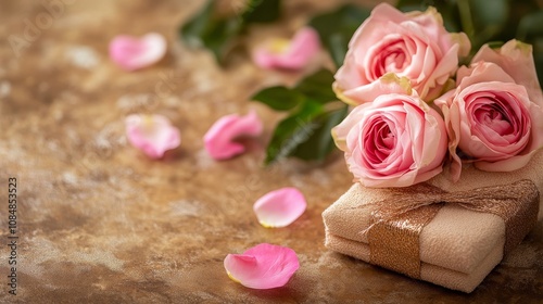 A beautiful arrangement of pink rose atop a wrapped gift, surrounded by rose petal.