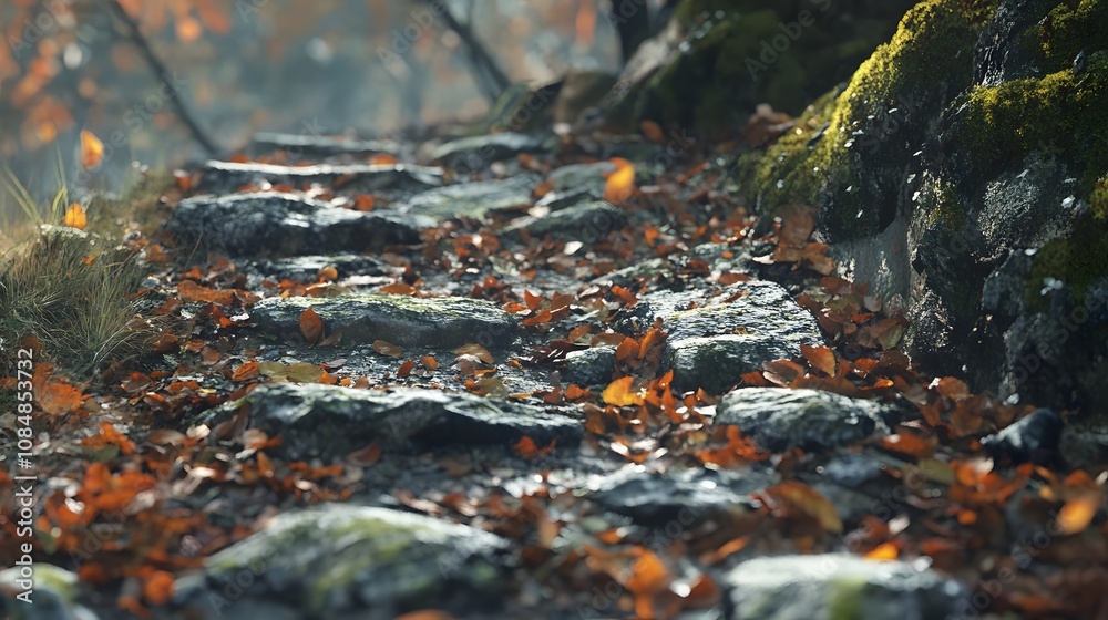 A close-up of a forest trail with detailed textures of fallen leaves and moss-covered stones, bringing the scene to life. Cinematic Scene, 4k resolution, cinematic scene A close-up of a forest trail with detailed textures of fallen leaves and moss-covered stones, bringing the scene to life. Cinematic Scene, 4k resolution, cinematic scene