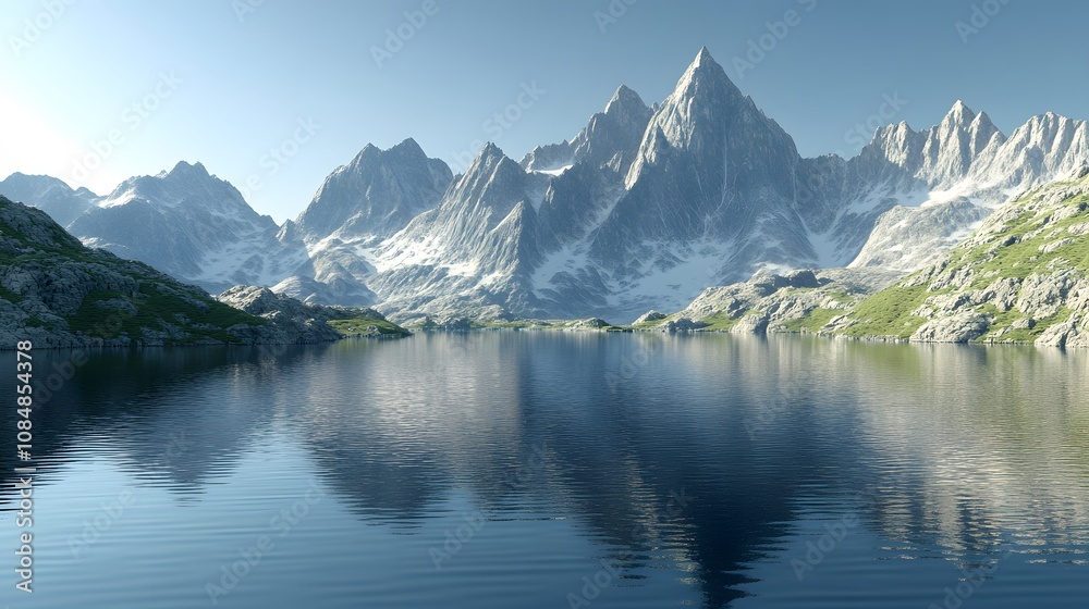 A rugged mountain range with sharp, jagged peaks and a pristine lake below, photographed in hyperrealistic style. Cinematic Scene, 4k resolution, cinematic scene A rugged mountain range with sharp, jagged peaks and a pristine lake below, photographed in hyperrealistic style. Cinematic Scene, 4k resolution, cinematic scene