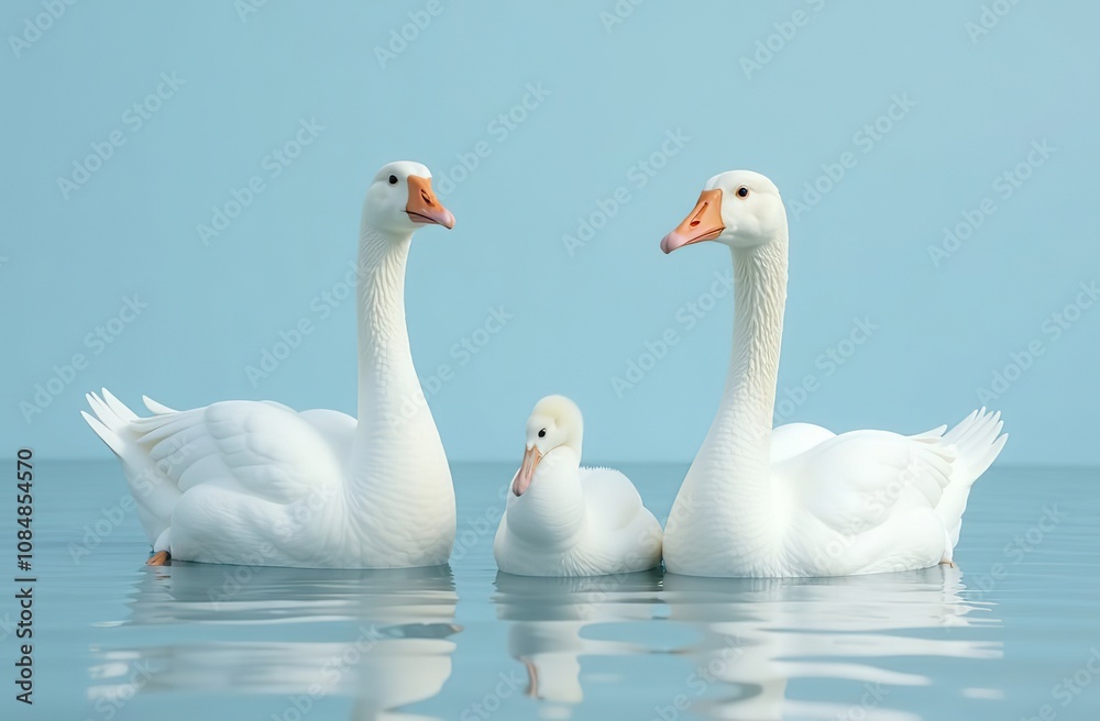 white geese on a soft blue background, in full growth, looking at the camera white geese on a soft blue background, in full growth, looking at the camera