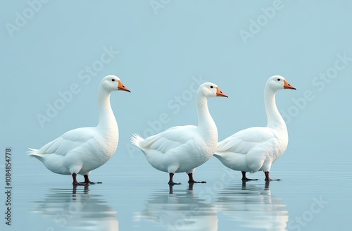 white geese on a soft blue background, in full growth, looking at the camera