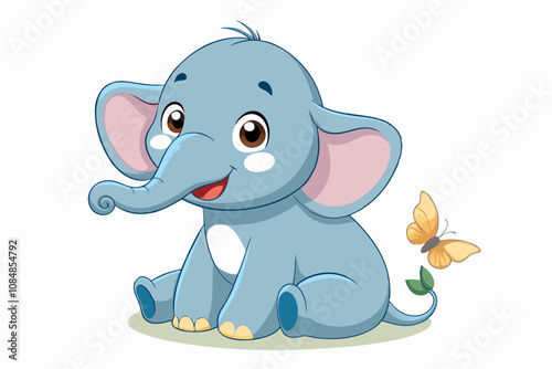  A baby elephant sitting in cute pose, with butterfly, on white background