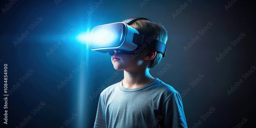 A Young Boy Experiences Immersive Virtual Reality, Exploring a Futuristic Digital Landscape A Young Boy Experiences Immersive Virtual Reality, Exploring a Futuristic Digital Landscape