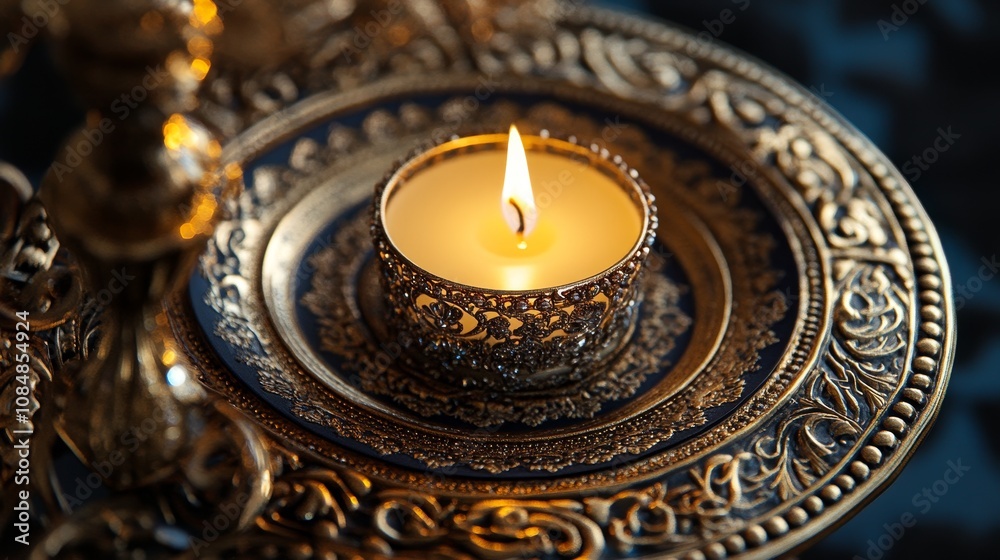 A decorative candle sits on an ornate plate, casting a warm glow in a beautifully detailed setting. A decorative candle sits on an ornate plate, casting a warm glow in a beautifully detailed setting.