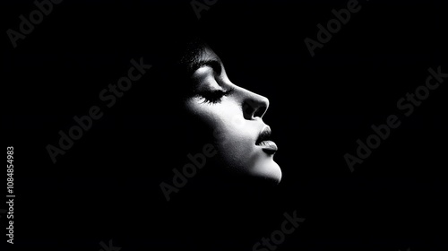 A black-and-white image of a woman in profile, her face obscured by shadows, with high contrast bringing out subtle textures. Cinematic Scene, 4k resolution, cinematic scene photo