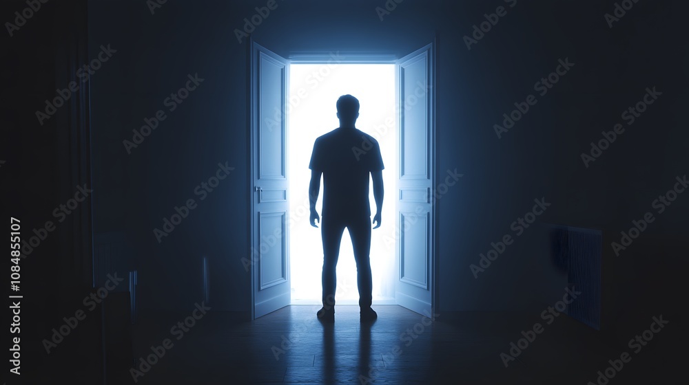 A man in silhouette standing against a bright doorway, with shadows enveloping his figure, creating a mysterious mood. Cinematic Scene, 4k resolution, cinematic scene A man in silhouette standing against a bright doorway, with shadows enveloping his figure, creating a mysterious mood. Cinematic Scene, 4k resolution, cinematic scene