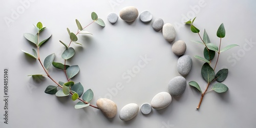 Serene arrangement of smooth stones and eucalyptus sprigs forming a circular frame on a light gray background photo