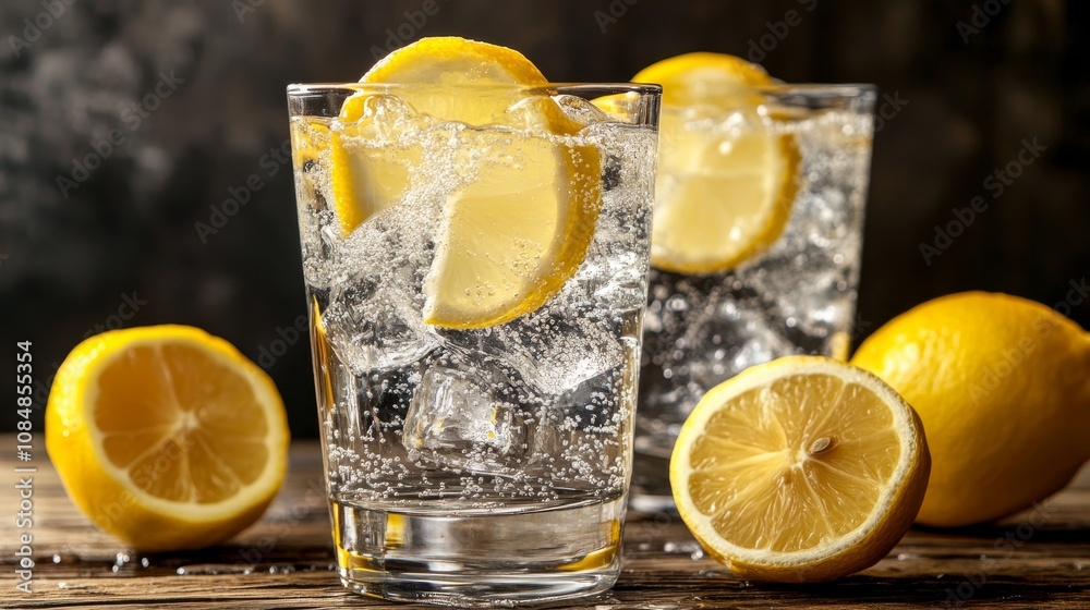 Two glasses of sparkling water with lemon slices on a wooden surface. Two glasses of sparkling water with lemon slices on a wooden surface.