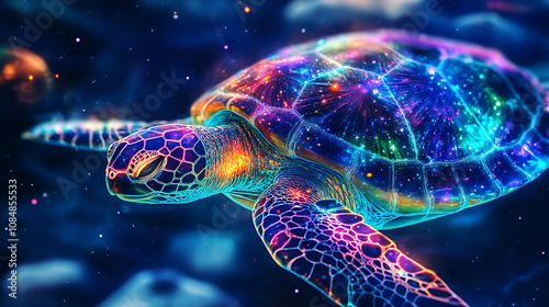 A turtle swimming in a cosmic galaxy starry shell, neon psychedelic colors. photo