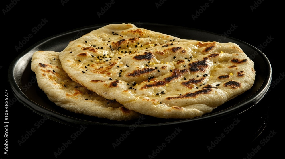 Freshly baked naan and roti flatbreads served on a black plate, showcasing the texture and golden color of traditional Indian bread.