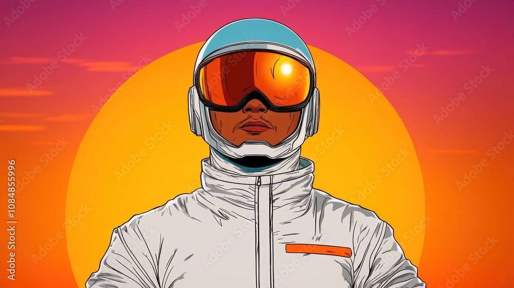 Futuristic Astronaut Sunset Portrait Space Exploration Retro Style Illustration