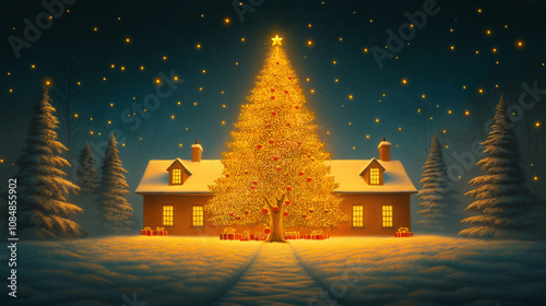 Magical Christmas scene with illuminated wooden house and giant glowing Christmas tree decorated with red ornaments and golden lights, surrounded by snowy pine trees under starry night sky.