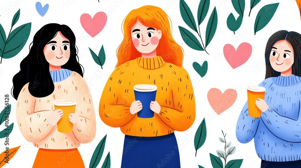 Obraz premium Happy Women Friends Enjoying Coffee Together Cozy Autumn Illustration