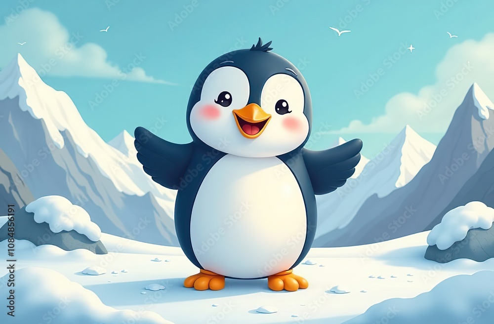 Obraz premium Cute cartoon penguin celebrating World Animal Day in a bright and cheerful setting