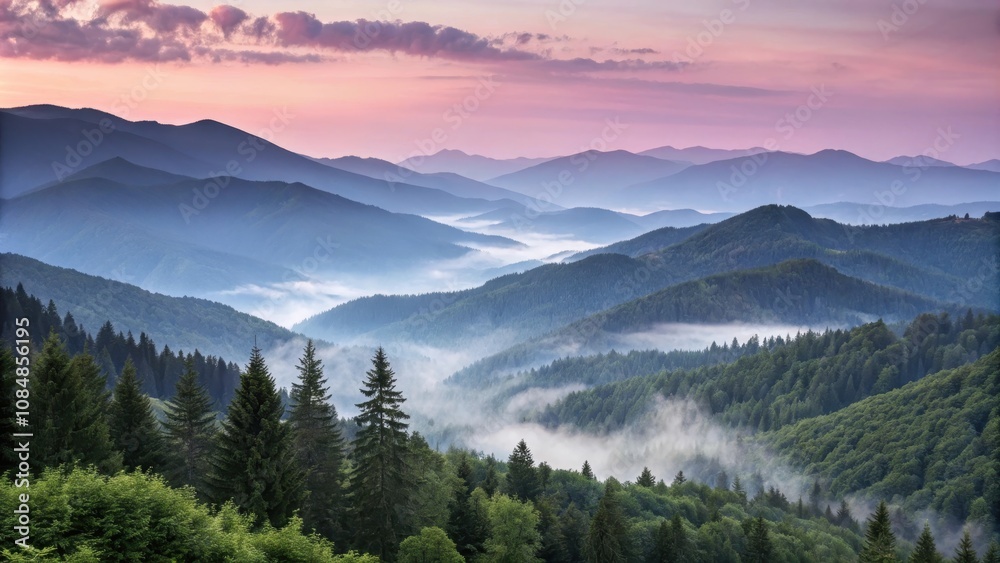 Fototapeta premium Serene Sunrise Over Misty Mountain Ranges, a Breathtaking View of Nature's Majesty