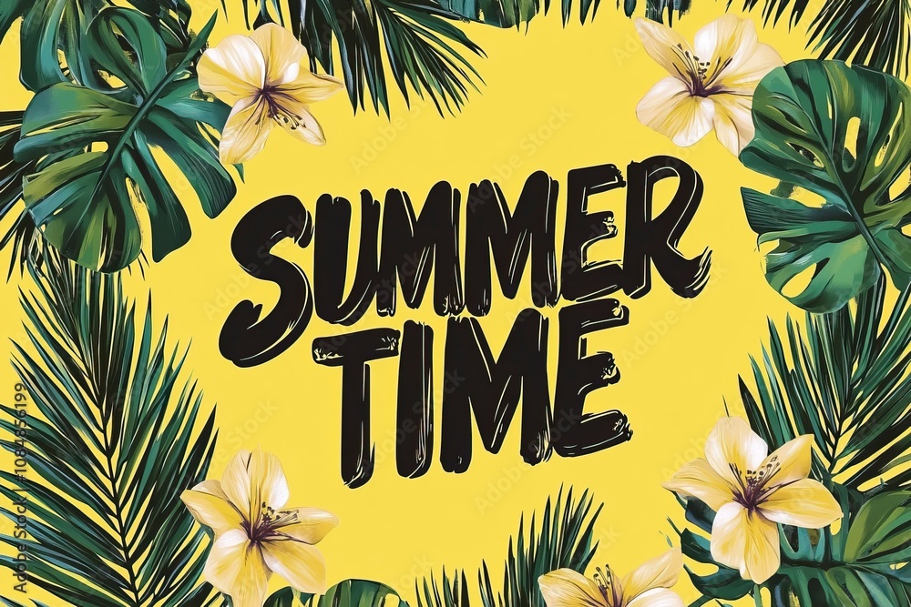 Obraz premium hello summer holiday illustration with tropical leaves and flowers on Yellow Background.