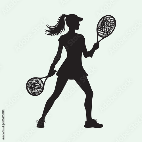 Tennis player woman silhouette vector icon black and white full body