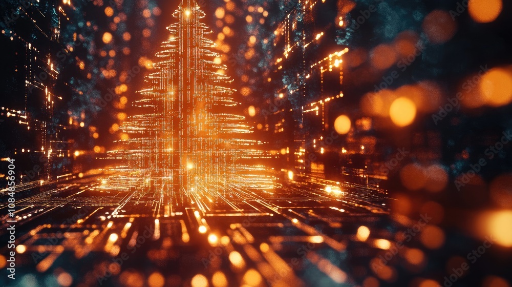 Naklejka premium Glowing digital Christmas tree with abstract technology patterns, representing holiday spirit in a modern, tech-driven world.