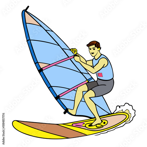 Windsurfing Adventure: A vibrant illustration captures the thrill of windsurfing, as a determined individual maneuvers their board through the waves. The wind whips through their hair.