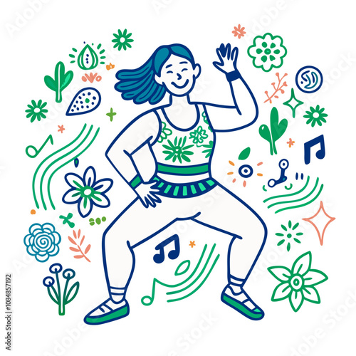 Zumba Joy:  A vibrant illustration of a happy woman dancing Zumba, surrounded by flourishing floral elements and musical notes, exuding energy and positivity. 