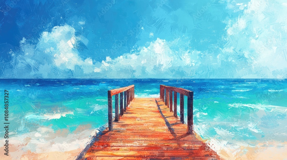 Wooden pier leading to turquoise ocean.