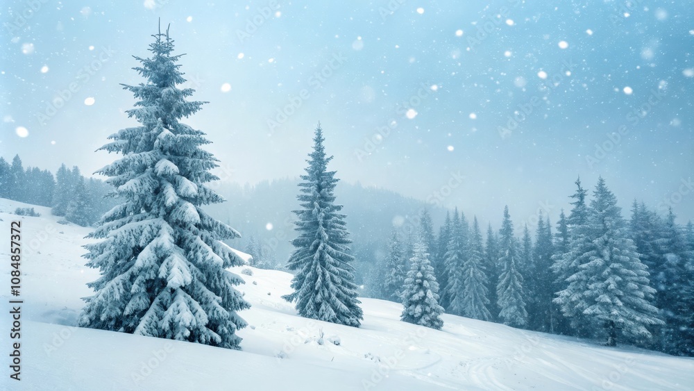 Fototapeta premium Serene Winter Wonderland Snow-Covered Evergreens in a Misty Mountain Forest