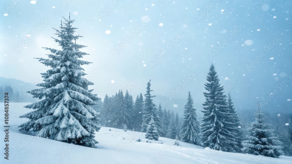 Serene Winter Wonderland Snow-Covered Evergreens Under a Falling Snowscape Serene Winter Wonderland Snow-Covered Evergreens Under a Falling Snowscape