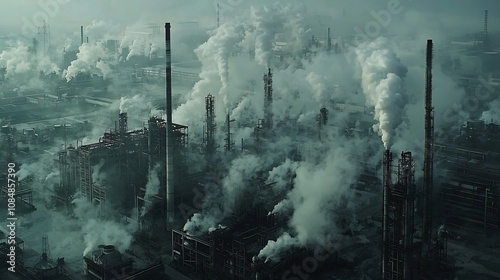 Smog Contamination Degradation, Smoky Industrial Landscape with Emitting Chimneys and Machinery