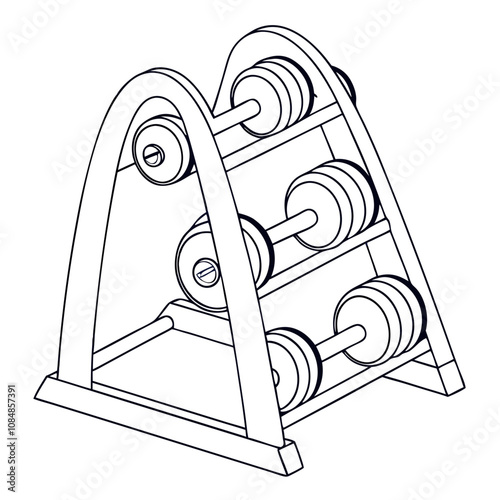 Dumbbell Rack Illustration:  A  line art illustration of a dumbbell rack, featuring three tiers of dumbbells neatly organized, showcasing a simple yet functional design for home or gym.  