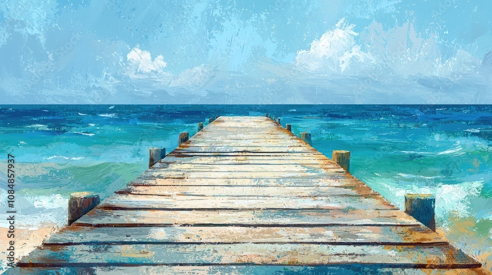 Obraz premium Wooden pier stretching towards blue ocean.