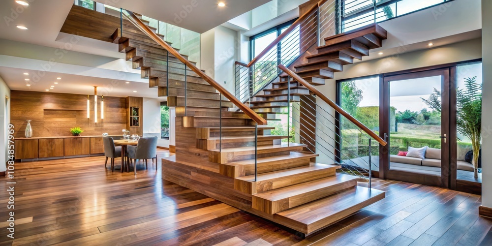 Fototapeta premium Modern wooden staircase with glass railings in a luxury home interior