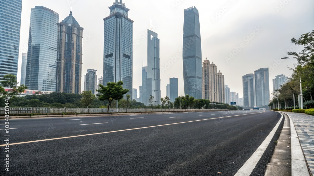 Asphalt avenue lined with modern skyscrapers on a hazy day, offering a scenic urban vista Asphalt avenue lined with modern skyscrapers on a hazy day, offering a scenic urban vista