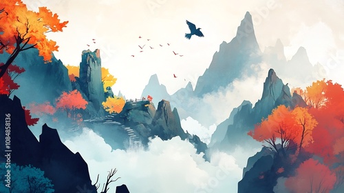 Enchanting Autumn Landscape with Misty Mountain Castle