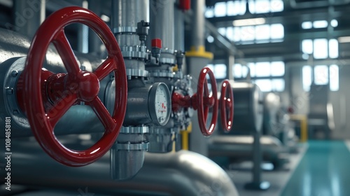 Industrial metal pipes with red control valves in a factory setup, showcasing engineering precision