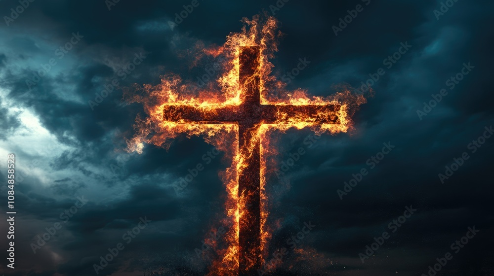Jesus Christ cross engulfed in fire against a dark sky, symbolizing divine power and spirituality with dramatic lighting and intense symbolism. Jesus Christ cross engulfed in fire against a dark sky, symbolizing divine power and spirituality with dramatic lighting and intense symbolism.