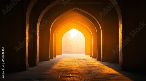 A pathway of arches leads to a bright, golden sunrise.