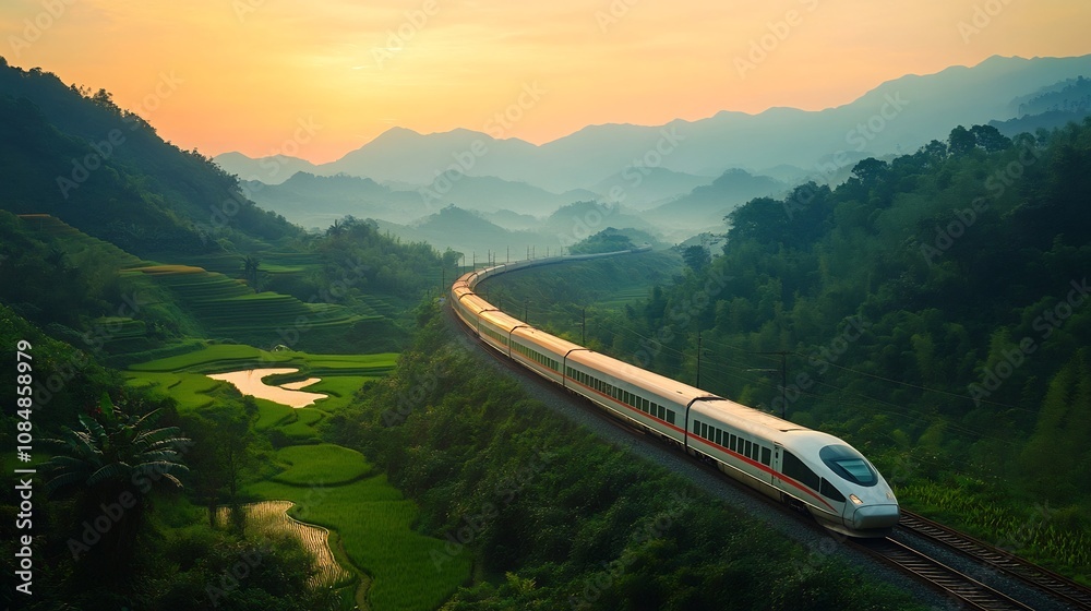 Fototapeta premium Tranquil Mountain Landscape with Modern High Speed Train Traversing Picturesque Terraced Rice Fields