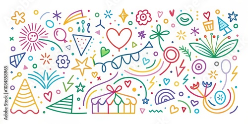 A vibrant collection of hand-drawn celebratory elements, including hearts, stars, balloons, and party hats, ideal for festive designs.