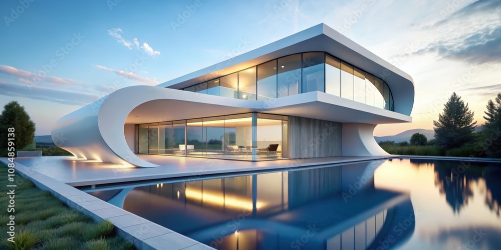 Fototapeta premium Modern Architectural Design A Luxurious Residence with Infinity Pool at Sunset