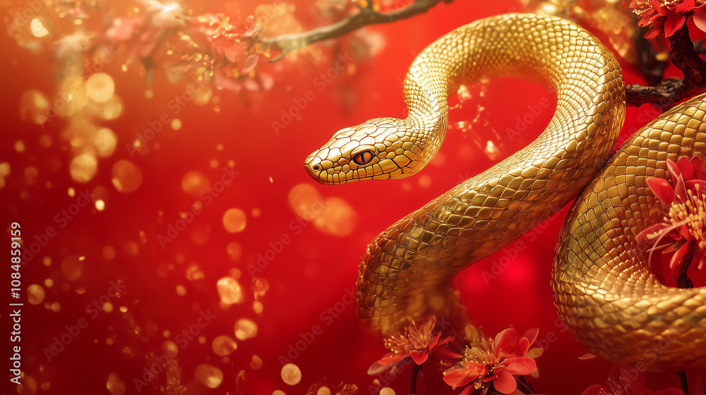 Shiny golden snake and sakura flowers on a red background. 2025 New Year of the Snake, Lunar New Year or Chinese New Year. Tet. Zodiac animal character. Copyspace for your text. Shiny golden snake and sakura flowers on a red background. 2025 New Year of the Snake, Lunar New Year or Chinese New Year. Tet. Zodiac animal character. Copyspace for your text.