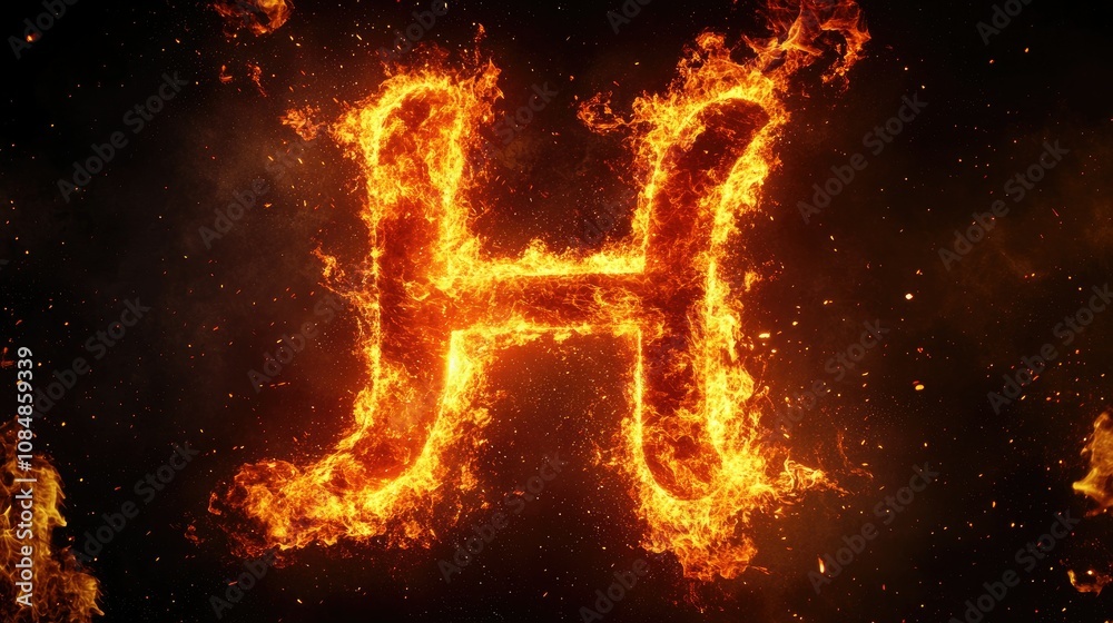Letter H formed by swirling flames, glowing brightly against a black background with rising heat and sparks. Letter H formed by swirling flames, glowing brightly against a black background with rising heat and sparks.