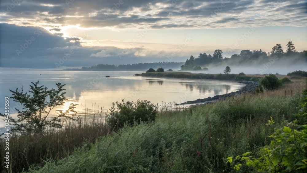 Serene Dawn Misty River Reflecting Golden Sunrise Over Calm Waters and Lush Vegetation Serene Dawn Misty River Reflecting Golden Sunrise Over Calm Waters and Lush Vegetation